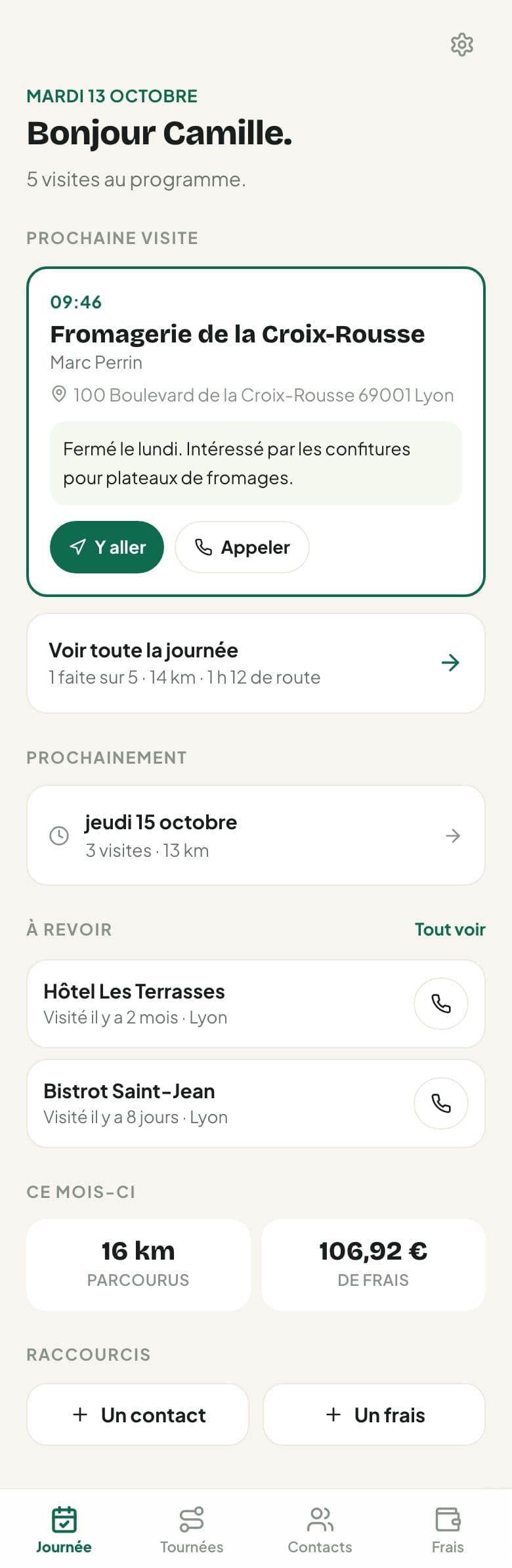 SmartPilot : Accueil « Journée » : prochaine visite, avancement de la tournée du jour