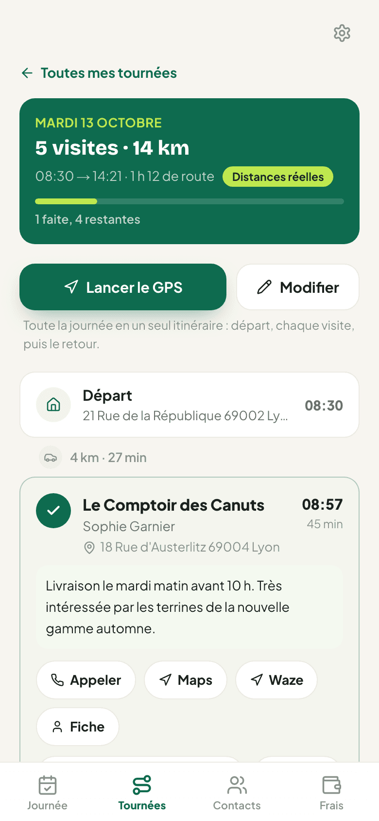 SmartPilot : Tournée du jour : 5 visites, 14 km, horaires calculés et itinéraire
