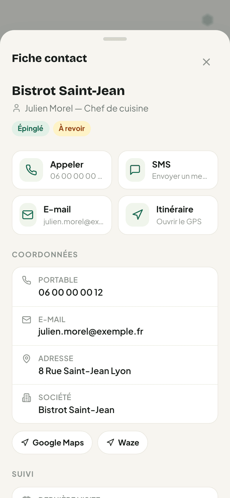 SmartPilot : Fiche client : coordonnées, GPS, suivi des visites et notes