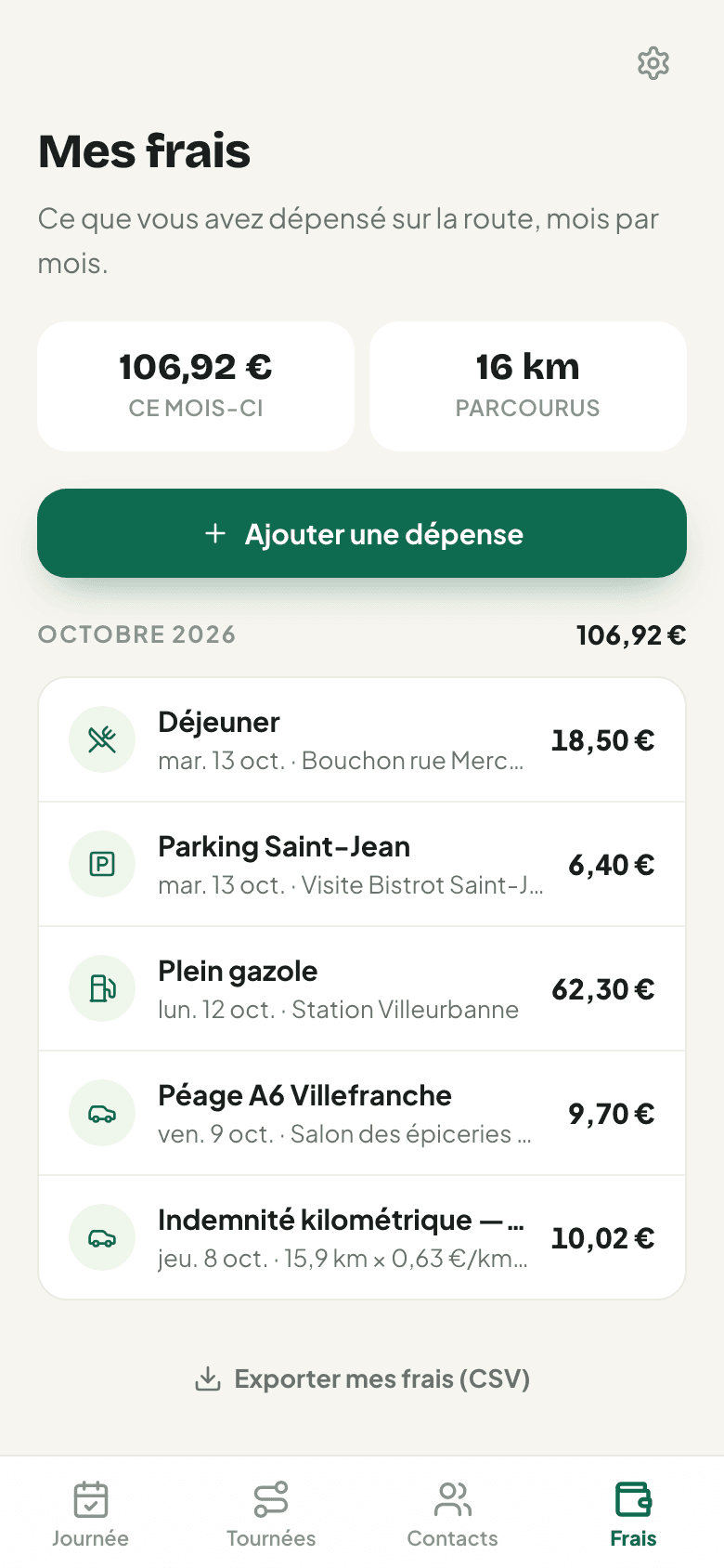 SmartPilot : Notes de frais : dépenses du mois et indemnités kilométriques