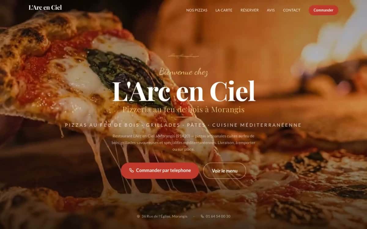 Page d’accueil du site de démonstration de L’Arc en Ciel, pizzeria au feu de bois à Morangis, sur ordinateur
