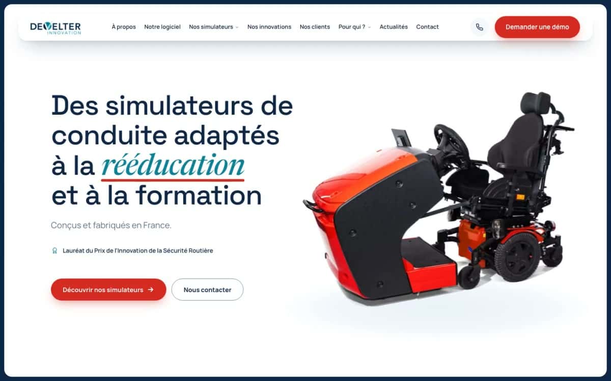 Page d’accueil du site de Develter Innovation, fabricant français de simulateurs de conduite, sur ordinateur