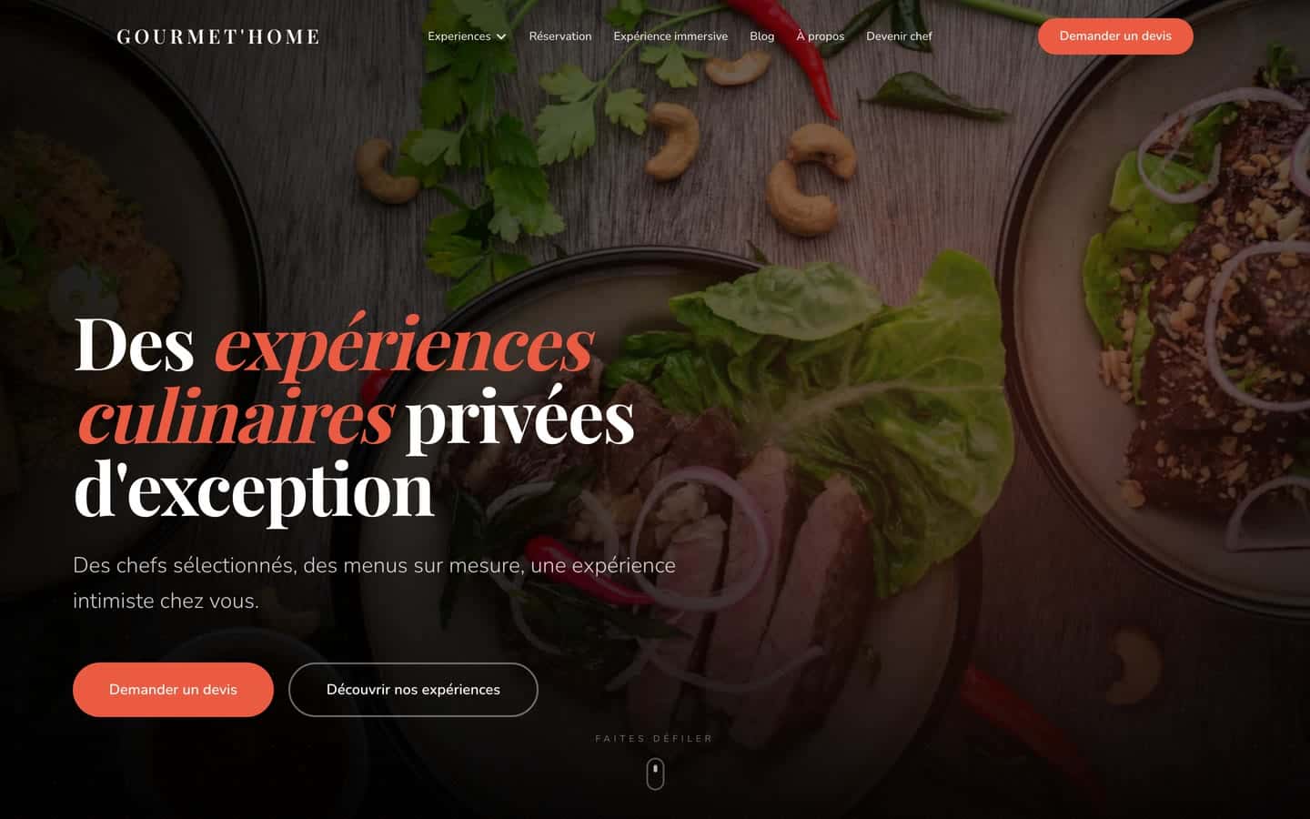 Page d’accueil du site de Gourmet’Home, chef à domicile et traiteur haut de gamme, sur ordinateur